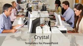  Presentation with busy - PPT theme with advertising - team working at desks background and a soft green colored foreground