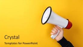  Presentation with hand holding colorful brain sketch - Colorful presentation theme enhanced with advertising - woman holding megaphone on color backdrop and a yellow colored foreground