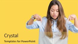  Presentation with advertisement - Presentation design enhanced with advertising - young beautiful brunette business woman background and a yellow colored foreground