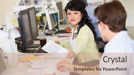  Presentation with woman office desk - Slide set consisting of advertising agency - woman working at desk background and a  colored foreground