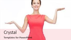  Presentation with advertising - PPT layouts featuring advertising and happy people concept - smiling woman in red dress holding something imaginary on palms of her hands background and a coral colored foreground