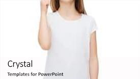  Presentation with girl design - Cool new theme with advertising and t-shirt design concept - smiling little girl in white blank t-shirt over white background pointing finger up backdrop and a white colored foreground