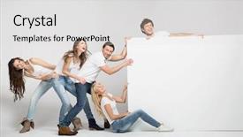  Presentation with blank - PPT theme featuring group of friend holding board background and a light gray colored foreground