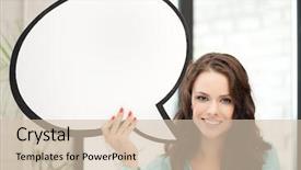  Presentation with young business woman smile show - Presentation theme with woman with blank text bubble background and a soft green colored foreground
