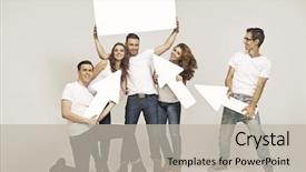  Presentation with wooden board empty table top - Slide deck featuring smiling friends with empty boards background and a light gray colored foreground