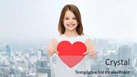  Presentation with advertising - Amazing PPT theme having advertising childhood charity and people concept - smiling little girl in white t-shirt holding red heart cutout over city background backdrop and a light blue colored foreground