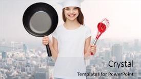  Presentation with advertising - PPT theme featuring advertising childhood cooking and people - smiling girl in white t-shirt and cooking hat holding pan over blue background background and a light gray colored foreground