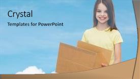  Presentation with advertising - Colorful PPT theme enhanced with advertising childhood delivery mail and people - smiling little girl holding open cardboard box over blue background backdrop and a light blue colored foreground