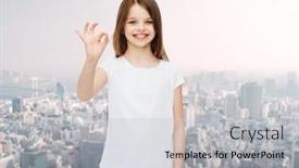 Presentation with advertising - Cool new presentation theme with advertising childhood gesture and people concept - smiling little girl in white blank t-shirt showing ok sign over city background backdrop and a light gray colored foreground