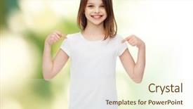  Presentation with advertising - Colorful theme enhanced with advertising childhood gesture ecology and people - smiling little girl in white t-shirt pointing fingers on herself over green background backdrop and a cream colored foreground