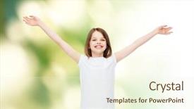  Presentation with ecology - Presentation theme with advertising childhood gesture ecology and people - smiling little girl in white blank t-shirt with stretched out arms over green background background and a cream colored foreground