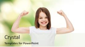  Presentation with ecology - Colorful presentation theme enhanced with advertising childhood gesture ecology and people - smiling little girl in white blank t-shirt with raised arms over green background backdrop and a soft green colored foreground