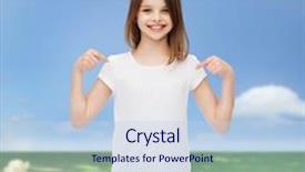  Presentation with advertising - Amazing PPT theme having advertising childhood nature gesture and people concept - smiling girl in white t-shirt pointing fingers on herself over field background backdrop and a sky blue colored foreground