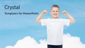 Presentation with dream sky - Beautiful presentation featuring advertising dream people and childhood concept - smiling little boy in white blank t-shirt with raised hands over sky background backdrop and a light blue colored foreground