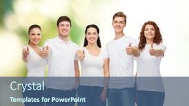 Presentation with ecology - Colorful presentation design enhanced with advertising ecology nature friendship and people concept - group of smiling teenagers in white blank t-shirts showing thumbs up over green background backdrop and a ocean colored foreground