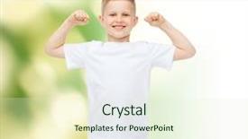  Presentation with ecology - Slide set with advertising ecology people and childhood concept - smiling little boy in white blank t-shirt over green background background and a cream colored foreground