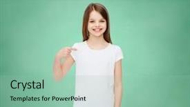  Presentation with advertising - Audience pleasing presentation theme consisting of advertising gesture education childhood and people - smiling girl in white t-shirt pointing finger on herself over green board background backdrop and a mint green colored foreground