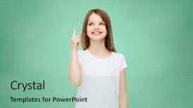  Presentation with advertising - Presentation theme enhanced with advertising gesture education childhood and people - smiling little girl in white t-shirt pointing finger up over green board background background and a seafoam green colored foreground