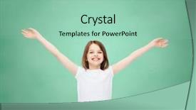  Presentation with advertising - Cool new presentation theme with advertising gesture education childhood and people - smiling girl in white t-shirt with stretched out arms over green board background backdrop and a mint green colored foreground