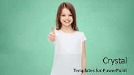  Presentation with advertising - Audience pleasing presentation consisting of advertising gesture education childhood and people - smiling little girl in white t-shirt showing thumbs up over green board background backdrop and a mint green colored foreground