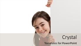  Presentation with wooden board empty table top - Cool new PPT theme with schoolgirl peeking - beautiful girl holding empty board backdrop and a soft green colored foreground