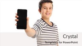  Presentation with phone - Presentation design consisting of kids cellphone - boy showing a phone isolated background and a light gray colored foreground