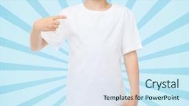  Presentation with blue design - Audience pleasing presentation consisting of advertising people childhood and t-shirt design concept - smiling little boy in white blank t-shirt pointing finger at himself over blue burst rays background backdrop and a sky blue colored foreground