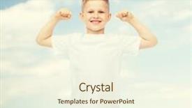  Presentation with advertising - Cool new PPT theme with advertising people summer and childhood concept - smiling little boy in white blank t-shirt with raised hands over natural background backdrop and a cream colored foreground
