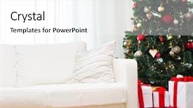  Presentation with christmas holidays - Audience pleasing slide deck consisting of winter holidays decoration and celebration concept - christmas tree gift boxes and sofa at home room backdrop and a white colored foreground