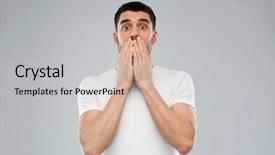  Presentation with advertising - Slide set consisting of advertising scary - scared man in white t-shirt background and a  colored foreground