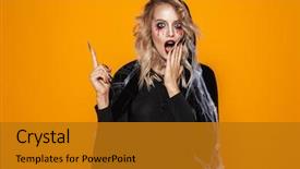  Presentation with space wormhole or black - Colorful slide set enhanced with advertising scary - shoked woman witch with opened backdrop and a gold colored foreground