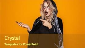  Presentation with space wormhole or black - Slide deck having advertising scary - shoked woman witch with opened background and a tawny brown colored foreground