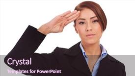  Presentation with believe for business - Audience pleasing PPT layouts consisting of advertising war - attractive business woman saluting backdrop and a wine colored foreground