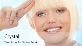  Presentation with business abstract - Cool new PPT theme with advertising war - attractive business woman saluting backdrop and a cool aqua colored foreground