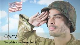  Presentation with 3d figure american flag - Audience pleasing presentation theme consisting of advertising war - imilitary saluting against american flag backdrop and a coral colored foreground