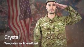 Presentation with proud american - Presentation theme consisting of advertising war - proud soldier saluting against fluttering background and a tawny brown colored foreground