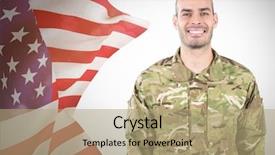  Presentation with american flag - PPT layouts enhanced with advertising war - smiling soldier near fluttering american background and a coral colored foreground