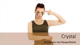  Presentation with gun - Amazing PPT layouts having advertising war - young beautiful soldier woman doing backdrop and a gold colored foreground