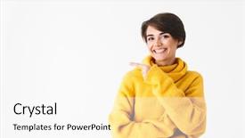  Presentation with cheerful stylish city girl using - Cool new slides with pointing finger at copy space backdrop and a white colored foreground