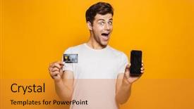  Presentation with man holding phone - Audience pleasing slide set consisting of portrait of a cheerful young man holding blank screen mobile phone and showing credit card isolated over yellow background backdrop and a gold colored foreground