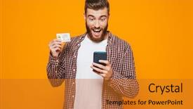  Presentation with mobile phone on car - Slides having portrait of a cheerful young man wearing casual clothes standing isolated over yellow background holding mobile phone showing plastic credit card background and a gold colored foreground
