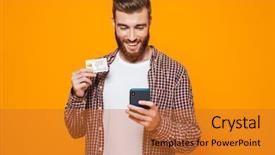  Presentation with man holding phone - Audience pleasing theme consisting of mobile phone showing plastic credit backdrop and a gold colored foreground