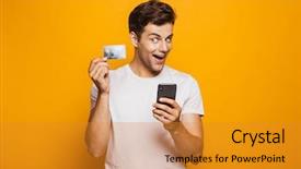  Presentation with man holding phone - PPT layouts enhanced with portrait of a happy young man holding mobile phone and showing credit card isolated over yellow background background and a gold colored foreground