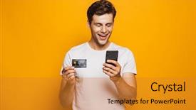  Presentation with man holding phone - Colorful presentation design enhanced with mobile phone and showing credit backdrop and a gold colored foreground