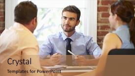  Presentation with meeting - Audience pleasing presentation theme consisting of advice - couple meeting with financial advisor backdrop and a coral colored foreground