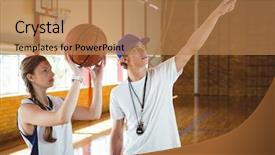  Presentation with basketball female - Beautiful slide set featuring male coach advising female basketball backdrop and a coral colored foreground