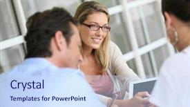  Presentation with meeting - Amazing slides having advisor - businesswoman meeting with couple backdrop and a sky blue colored foreground