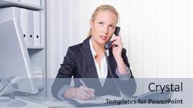  Presentation with office desk reception - Slide set with advisory - friendly woman on the phone background and a light blue colored foreground
