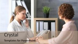  Presentation with receptionist - Audience pleasing presentation consisting of advisory - young female receptionist with client backdrop and a coral colored foreground