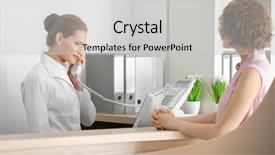  Presentation with receptionist - PPT theme consisting of advisory - young female receptionist with client background and a light gray colored foreground